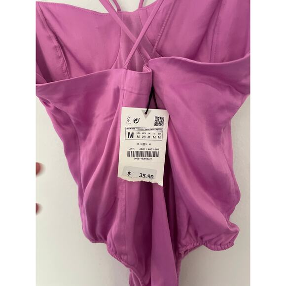 Zara Satin Corset Bodysuit Size Medium Pink Purple Silky Strappy Balletcore - Picture 10 of 11